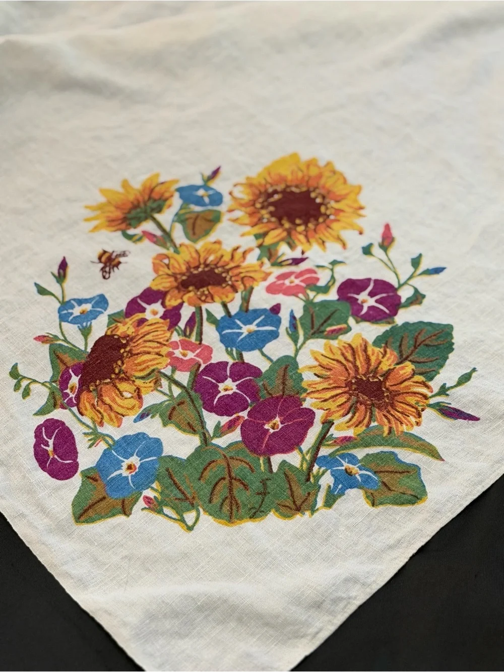 Vintage Printed Linen Tablecloth with Sunflower, Morning Glory & Bee Print